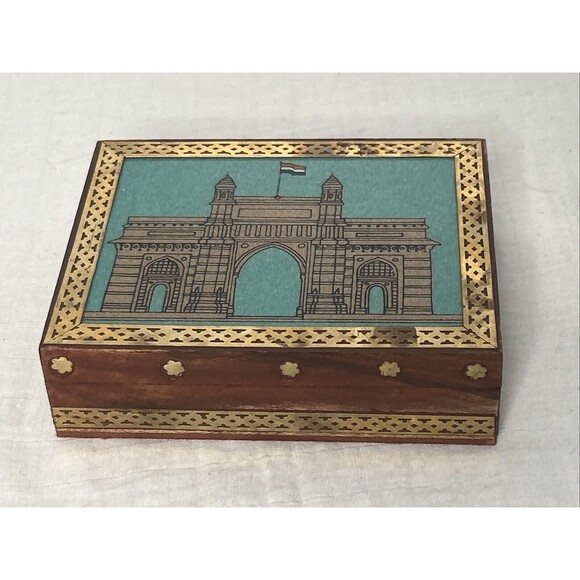 Glass Wood Trinket Jewelry Box Brass Inlay Trim Handmade Mumbai Gateway India - Picture 2 of 5